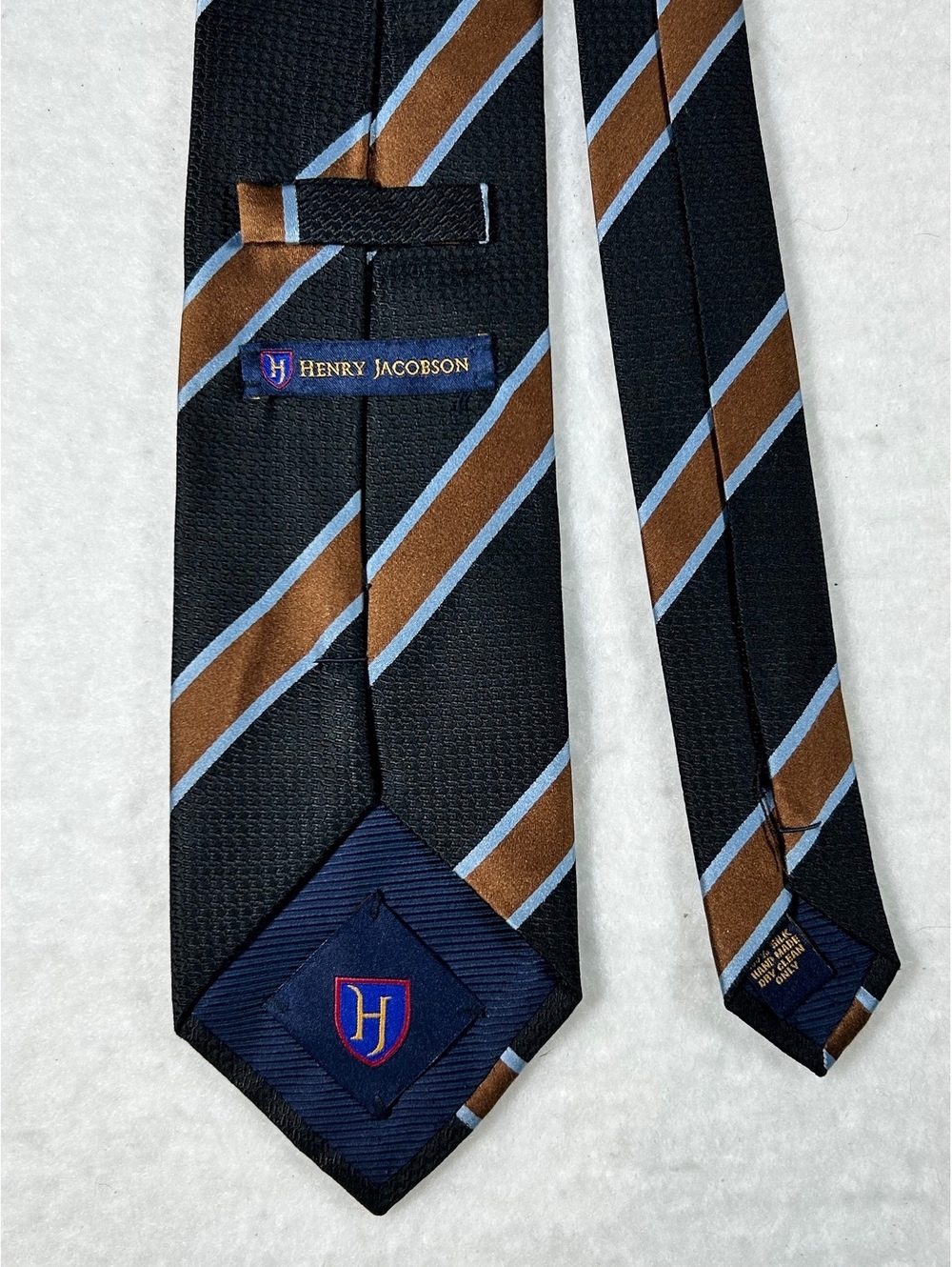 Henry Jacobson Men's Silk Striped Tie in Black, Brown, and Light Blue